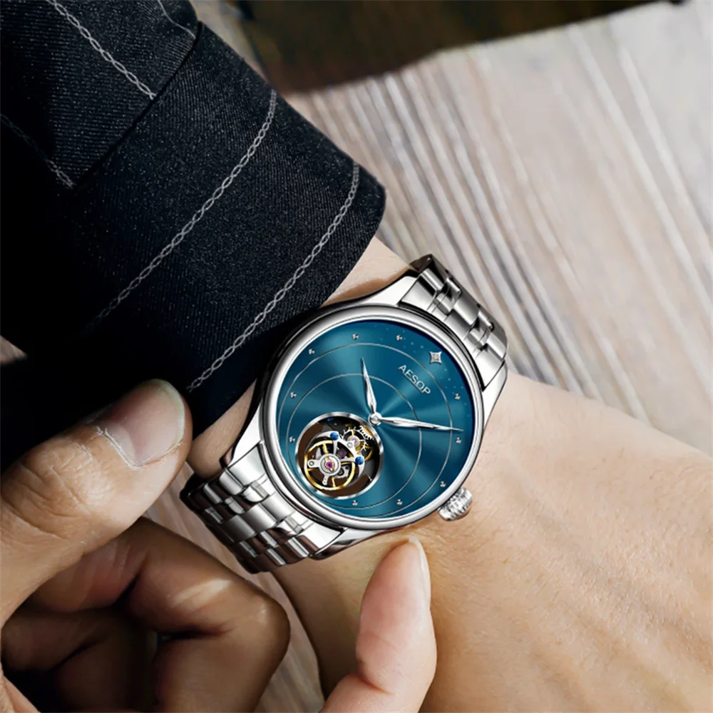 

AESOP Men Flying Tourbillon Skeleton Wrist Watch Mechanical Hand-Wind Waterproof Luminous Sapphire Clock Relogio Masculino