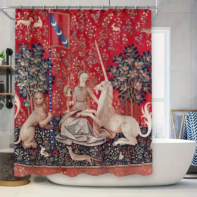 VIKAMA Shower Curtain Tapestry Unicorn Print Bath Curtain for Bathtub Bathroom Waterproof Medieval Home Decor