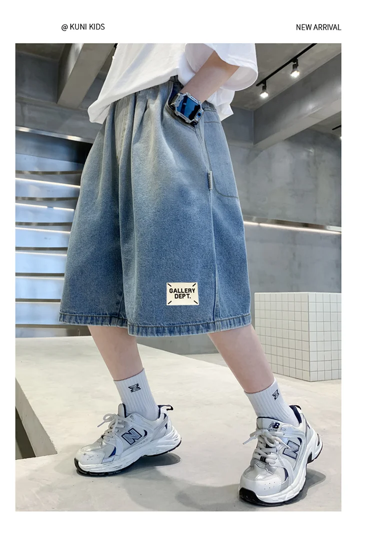 Neue Sommer-Jeansshorts für Kinder, Lässige, Lose Passform, Blauer Farbverlauf, für Teenager-Jungen, Baggy Denim-Shorts, Kinder-Streetwear, Knielange Hosen – Detail 5