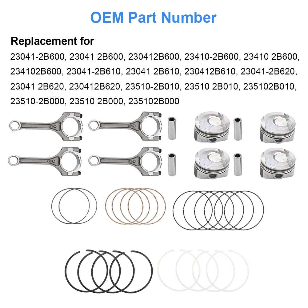 Kit de anillos de pistón de biela compatible con Hyundai Accent Veloster Kia Rio Soul 2010-2018 230412B600 234102B600 230412B610