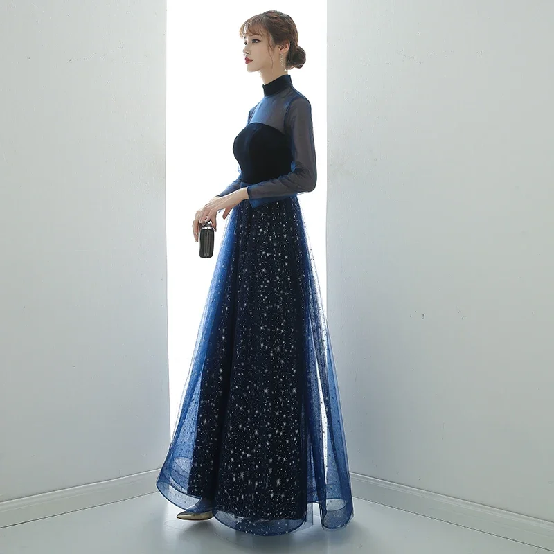 Evening Dress Navy Blue Velvet Tulle illusion Full Sleeves High Neck A-line Floor-length Plus size Woman Formal Party Gowns A314