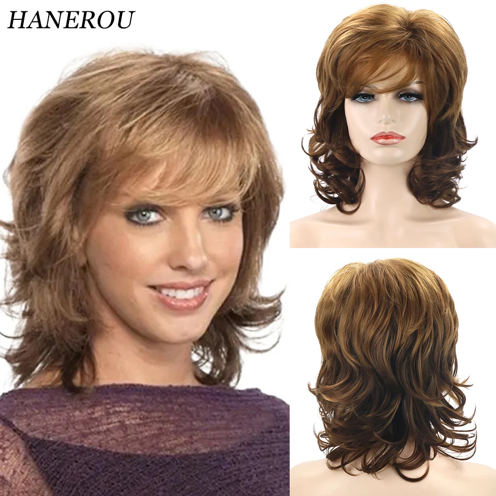 

HANEROU Short Blonde Brown Wig Synthetic Women Fluffy Natural Wavy Curly Hair Heat Resistant Wig for Daily Party Cosplay