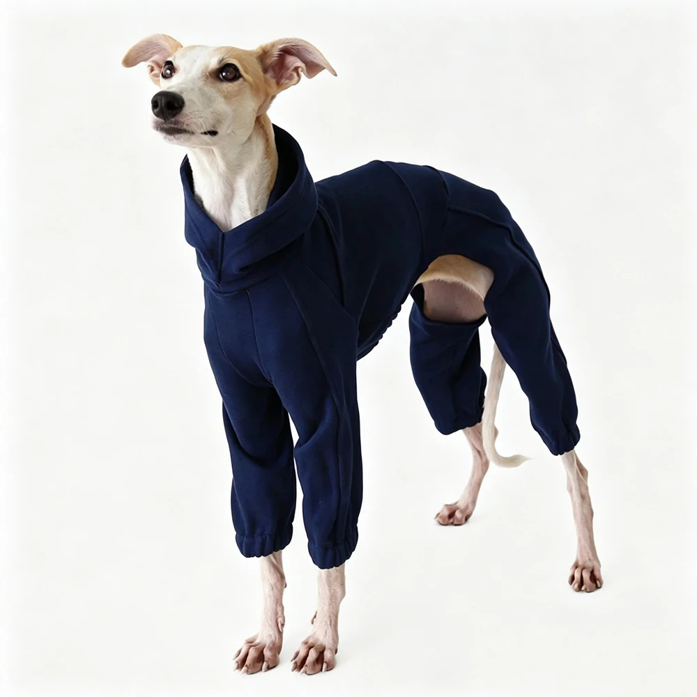 Modieus gestroomlijnd 4-potig ondershirt voor Whippet-honden, warme blauwe hoodie voor herfst en winter voor kleine middelgrote windhonden.