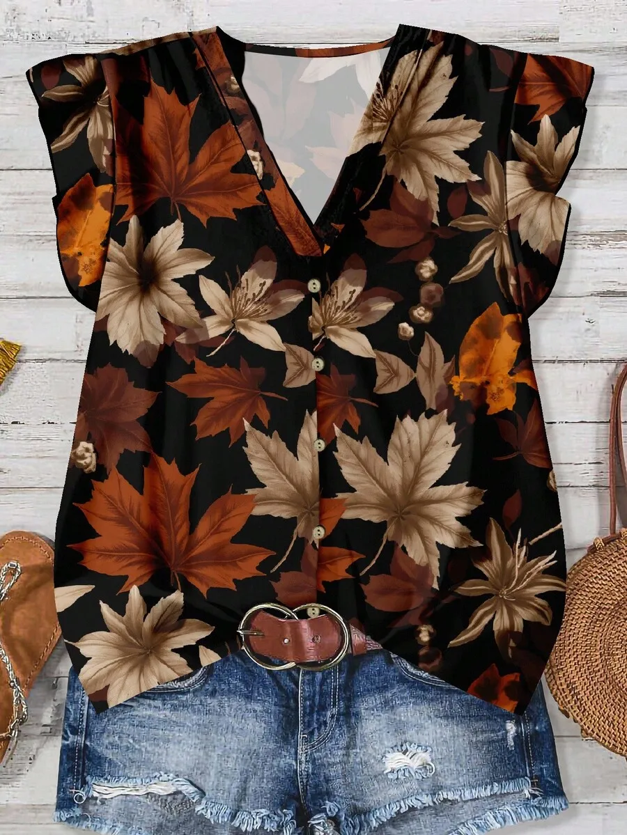 Womens Casual Floral Print V-Neck Ruffle Sleeve Top