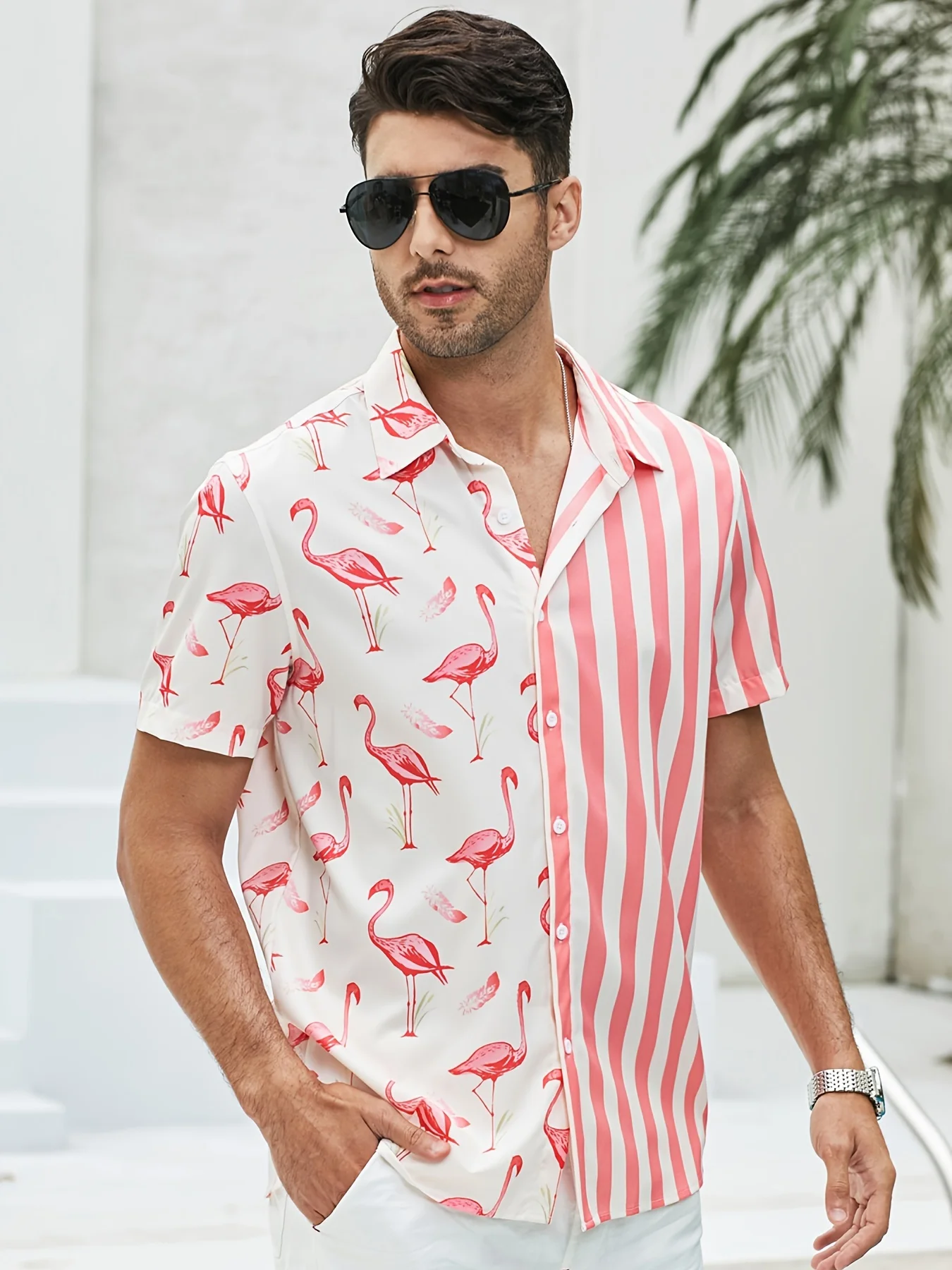 Fashion Flamingo Stripe Pattern Shirt High Stretch Short Sleeve Men's Hawaiian Summer Vacation Casual Street