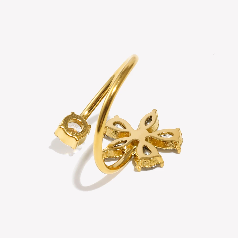 E.B.belle Elegant Style Double Layers Zircon  Flower Ring 18K Gold Plated Stainless Steel Women Open Finger Jewelry