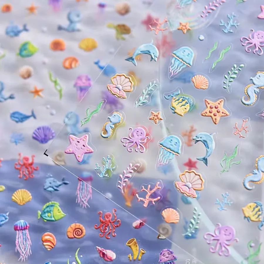 반짝이는 양각 불가사리 쉘 네일 스티커, 다채로운 해파리 별 네일 데칼 장식, 5D 여름 오션 월드 네일 스티커, 1 개