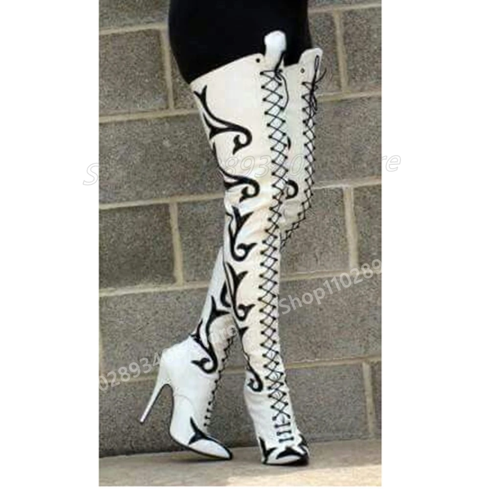 Mutilcolor Print Front Lace-up Over the Knee Boots Pointey Stiletto High Heel PU Leather Women Shoes 2024 Autumn New Para Mujere