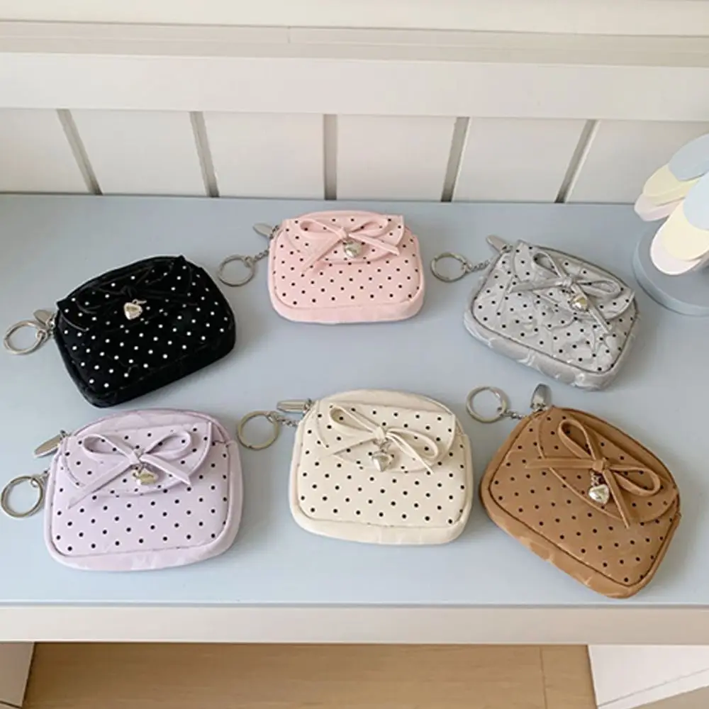 Elegant PU Coin Purse Polka Dot with Heart Bow Pendant Zipper Wallet Soft Small Round Bag for Women