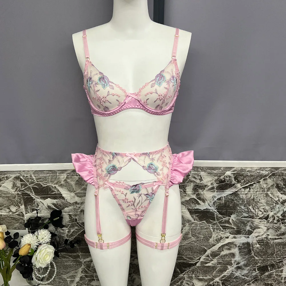 

Women Sexy Transparent Lace Floral Embroidery Underwear Suit Push Up Bra Thong Briefs Garter Belt Lingerie Set Ruffled Sleepwear