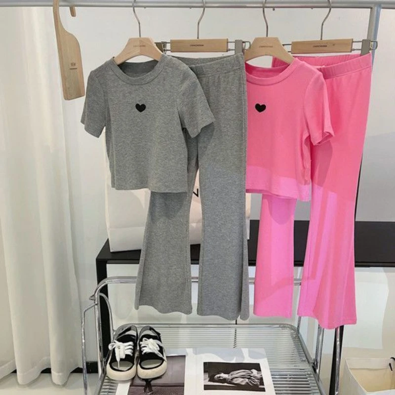 Summer Baby Girls Clothes Set Children Casual Tshirts and Flared Pants 2pc Outfits Kid Sweet Heart Print Top Bottom Cute Outfits