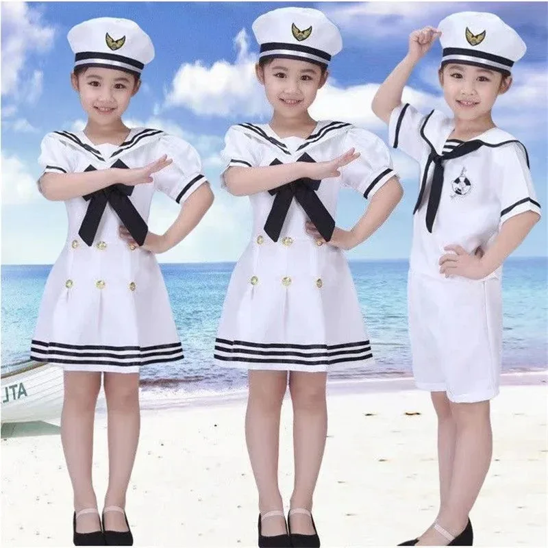 

90-170CM Kids Costumes for Navy Sailor Uniform Halloween Cosplay Girls Party Performance Boys Marines Fleet Clothing with Hat