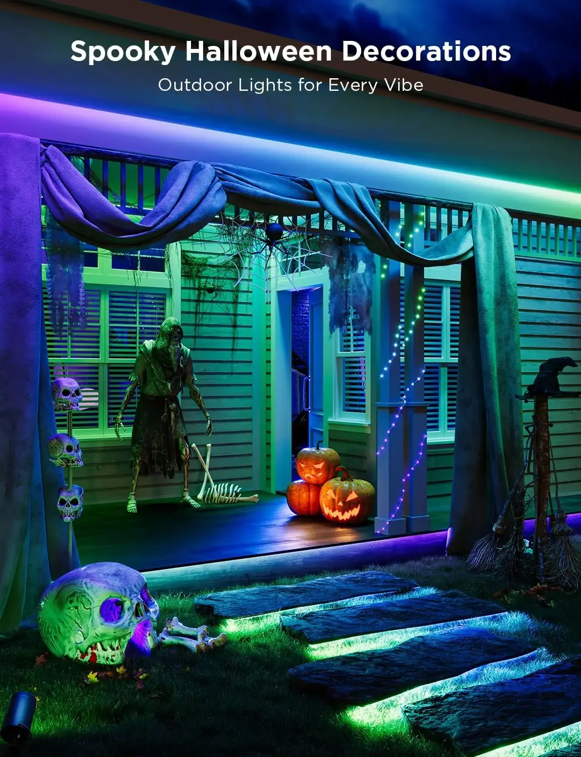 Alexa and Google Assistant, App Control, IP65 Waterproof, RGBIC Outdoor Lights for Patio, Eave, Halloween Decorations