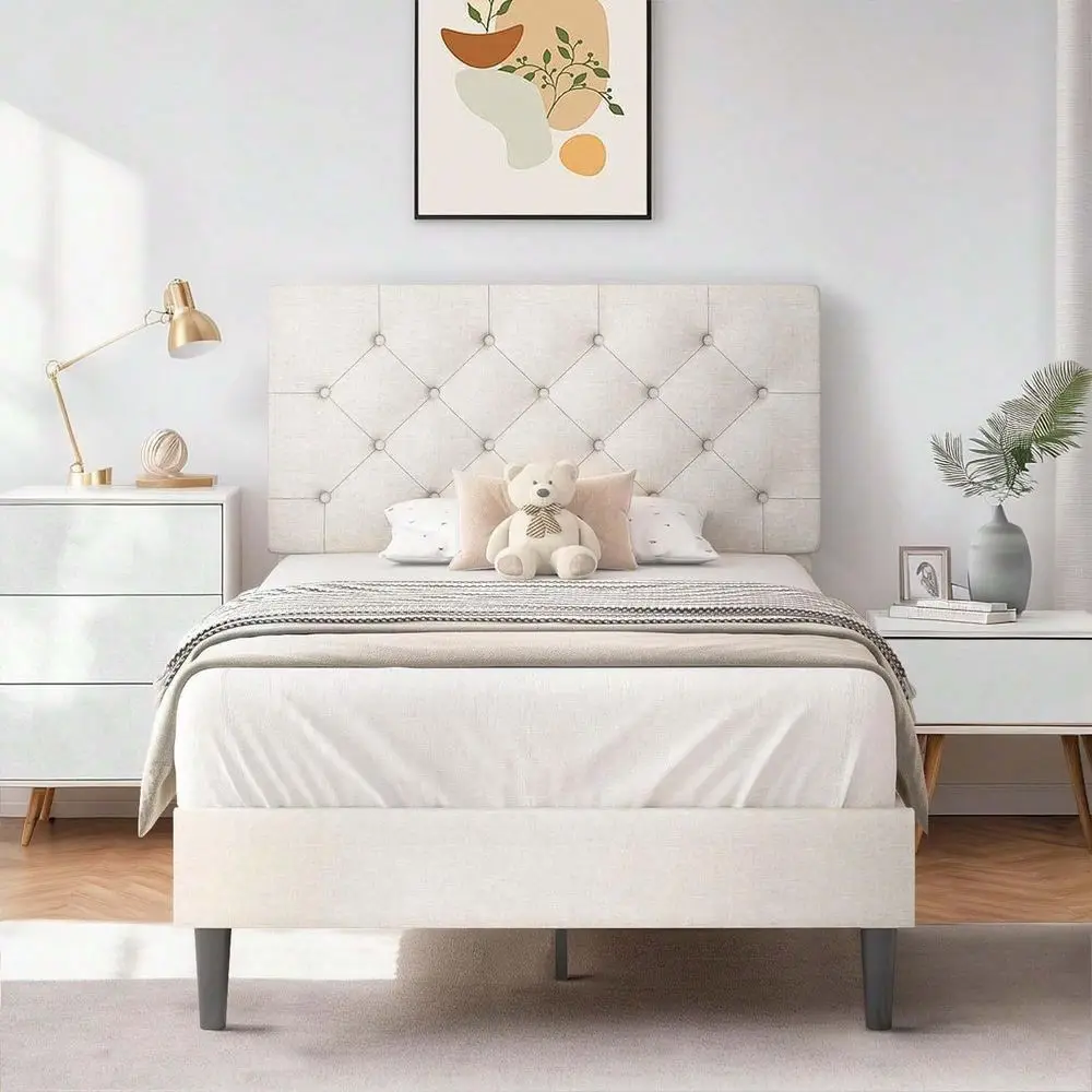 

Bed Frame With Headboard, Linen Fabric Bed Frame With Button Tufted Headboard, No Box Spring Needed, Easy Assembly, Twin Full Qu