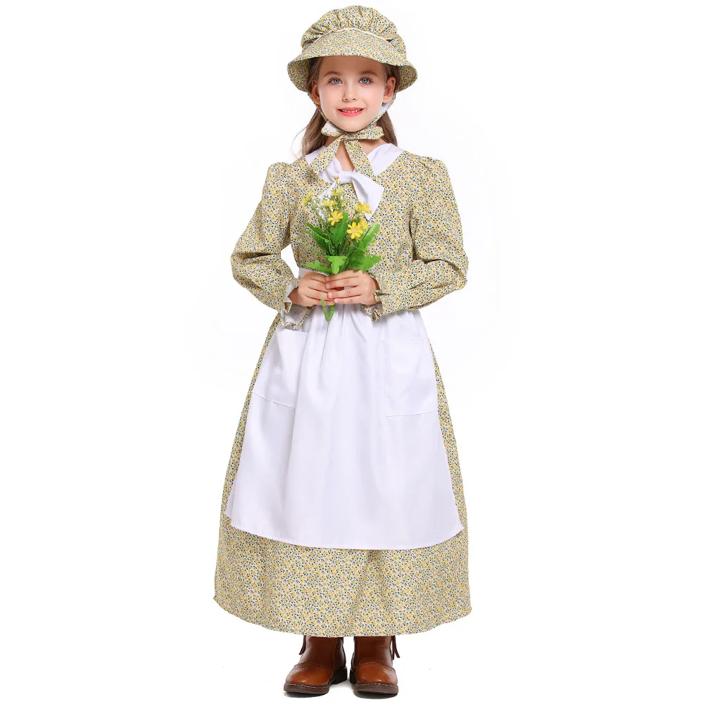 Umorden American Colonial Prairie Pioneer Girl Costume for Kids Child Tween Teens Girls 4-14Y Green Floral White Bowknot Collar