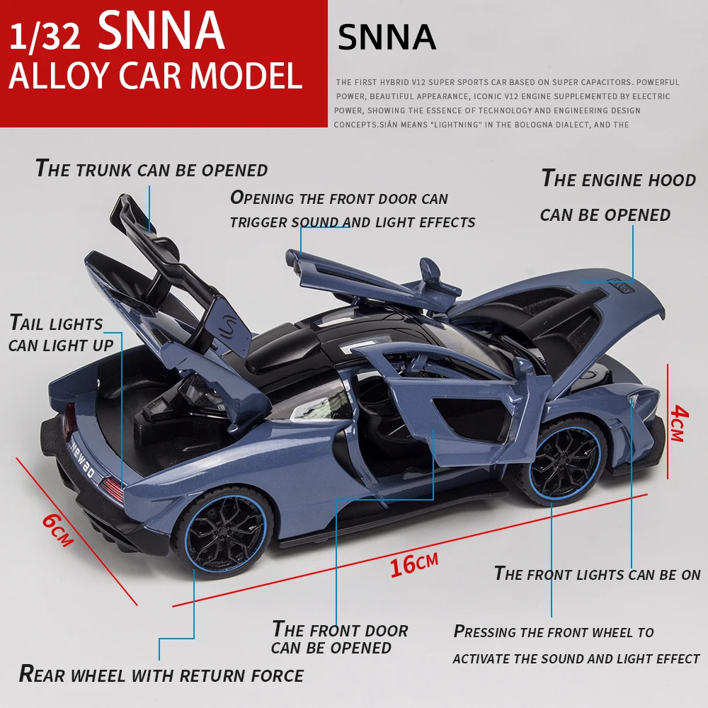 McLaren Senna Modelo de Carro Esportivo Liga, Diecast Metal Vehicle, Premium Simulator, Coleção de Som e Luz, Presente Infantil, Rapaz, 720S, 765L,