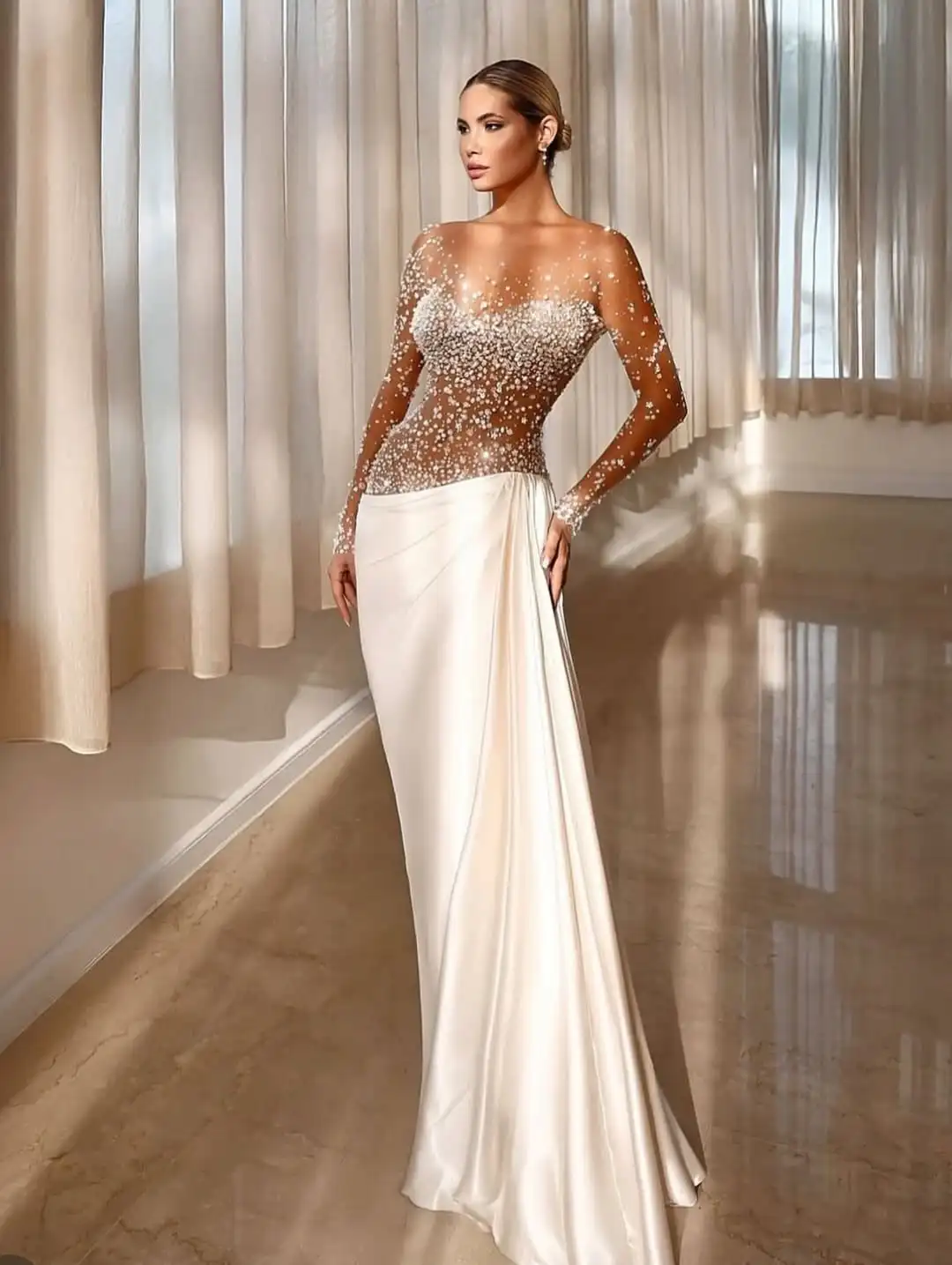 

New Design Sexy Illusion Beading Crystal Pearls Full Sleeves Evening Dress Elegant Pleated Draped Prom Formal Party Dress