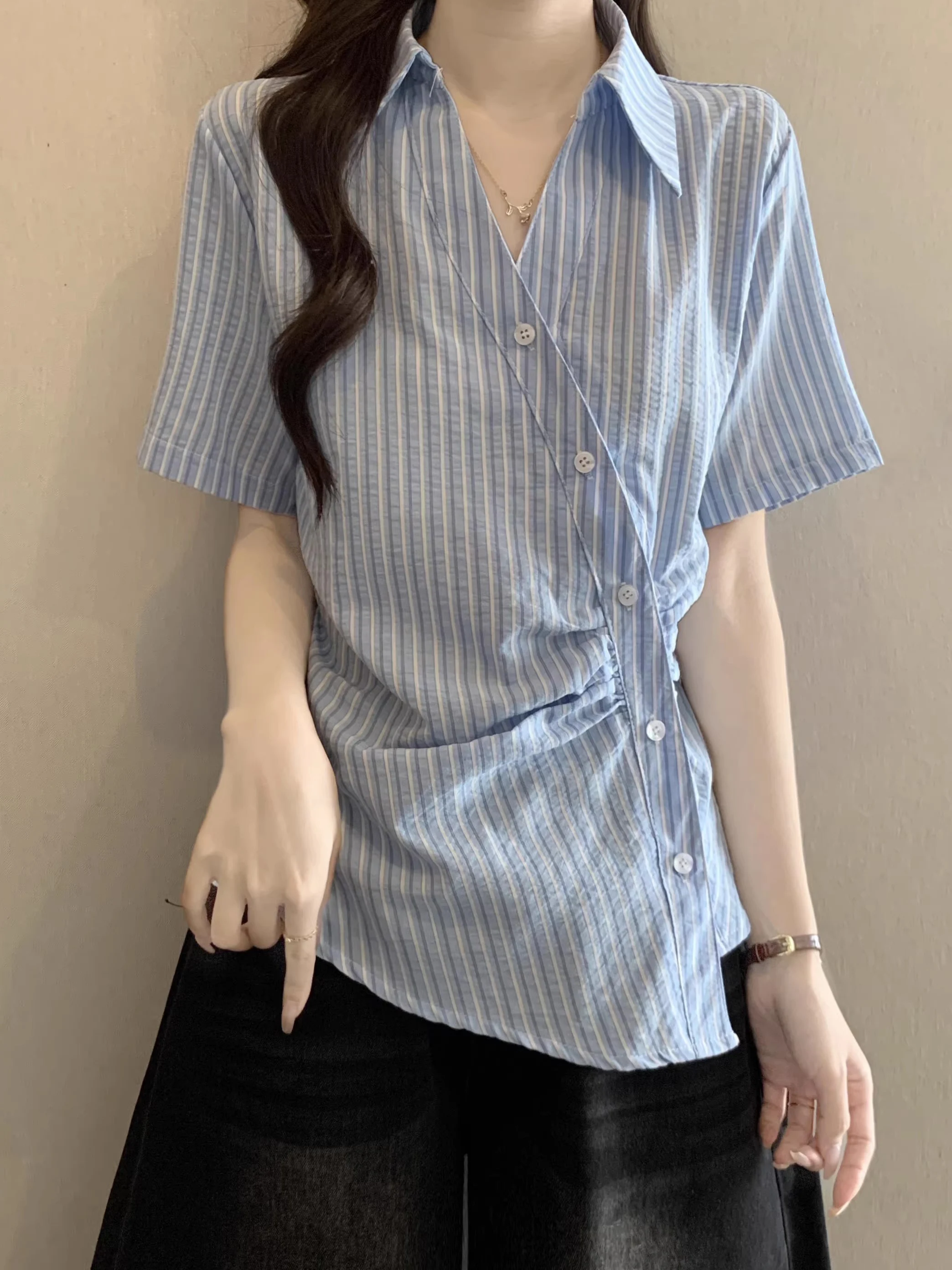 

Light Blue Striped V-Neck Short Sleeve Shirt Women's plus Size Slim Fit Casual Korean Style Summer New Arrival Top