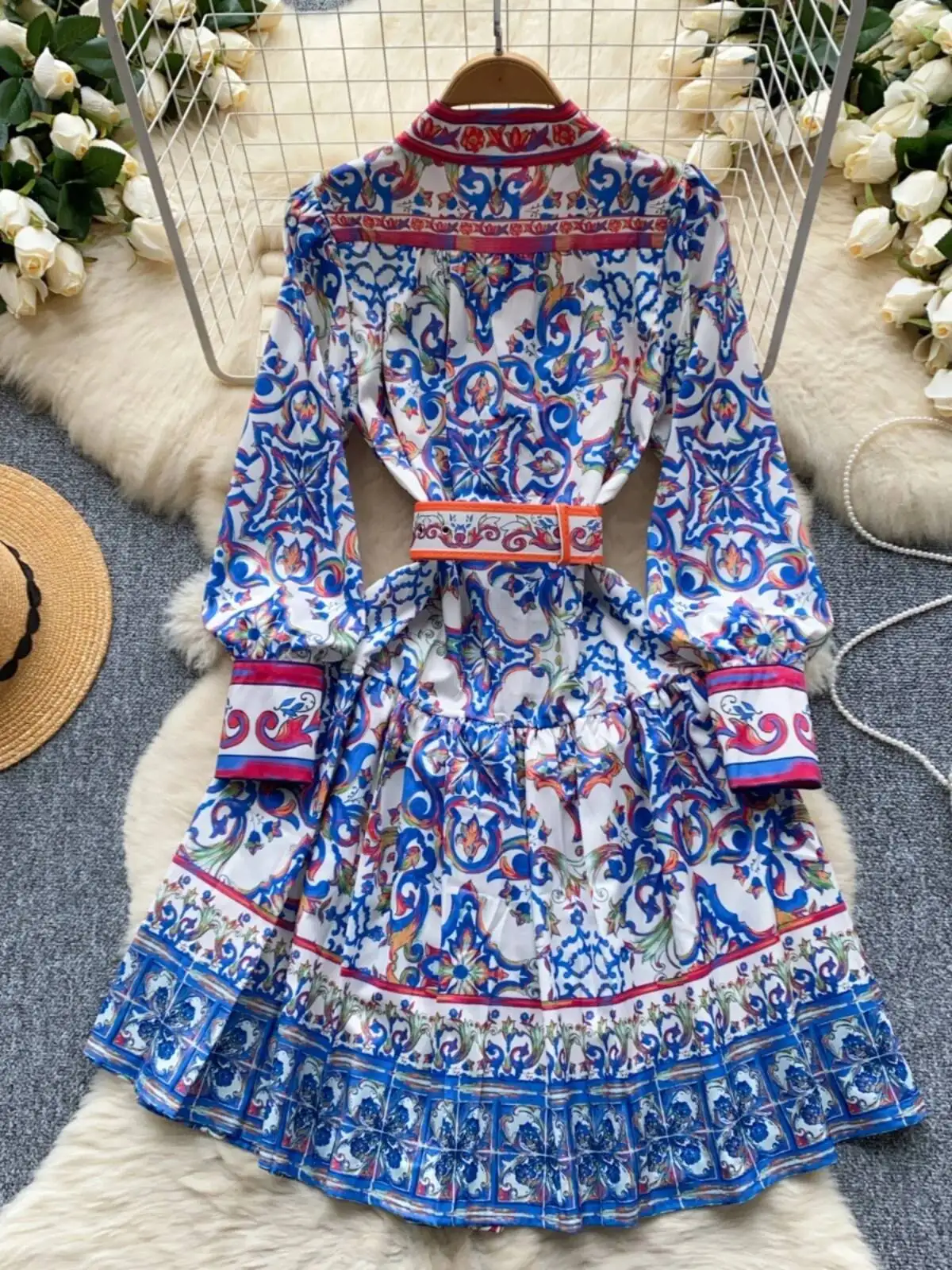 Summer Autumn Long Sleeve Floral Print Short Dress Shirt Women Single Breasted Belt Mini Party Vestidos Office Lady
