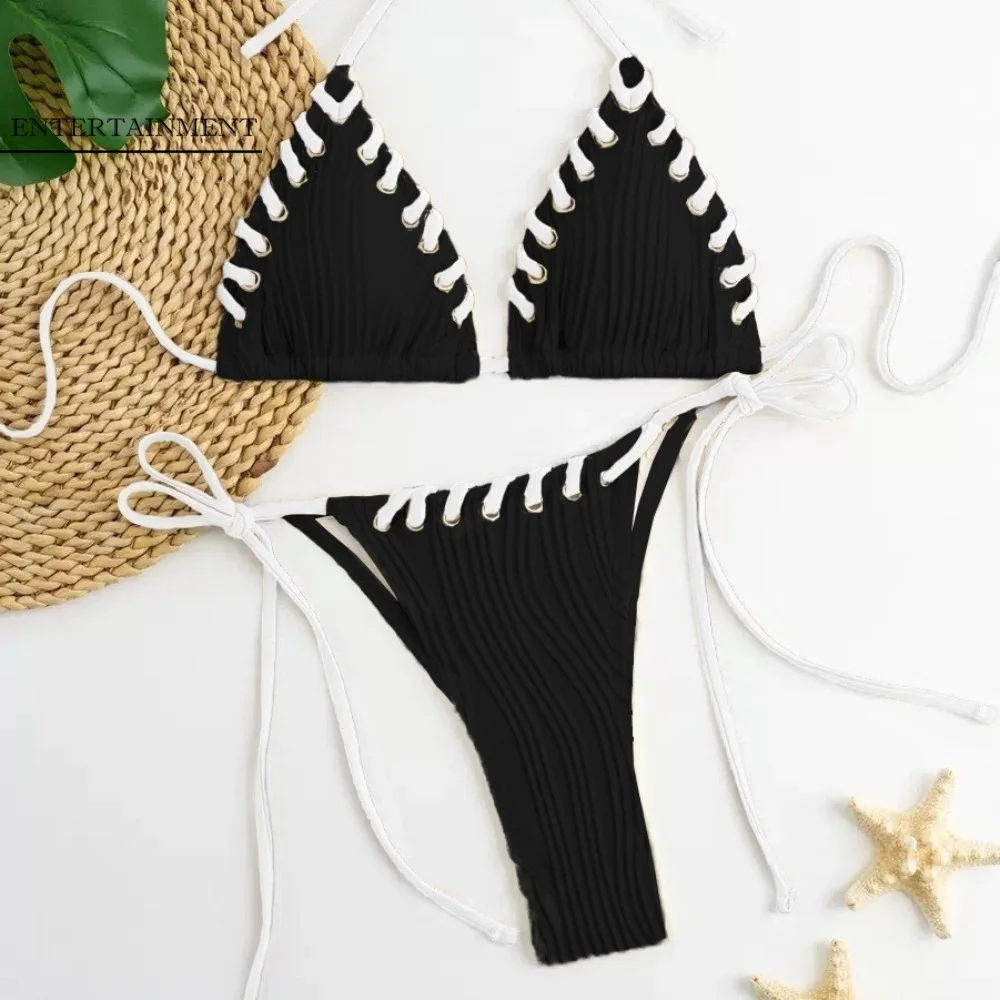 Casual Rope String Bikini Suit Ruffled Lace Up Swimwear Set Slim Fit Halter Neck Sling Swimsuit Vacation