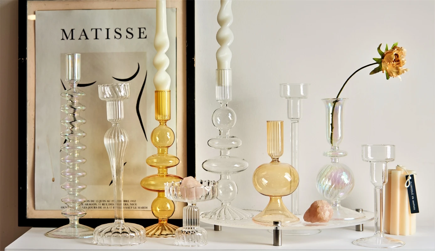 Floriddle Taper Candle Holders Glass Candlesticks for Home Wedding Table Decoration Glass Vase Table Bookshelf Candles Stand