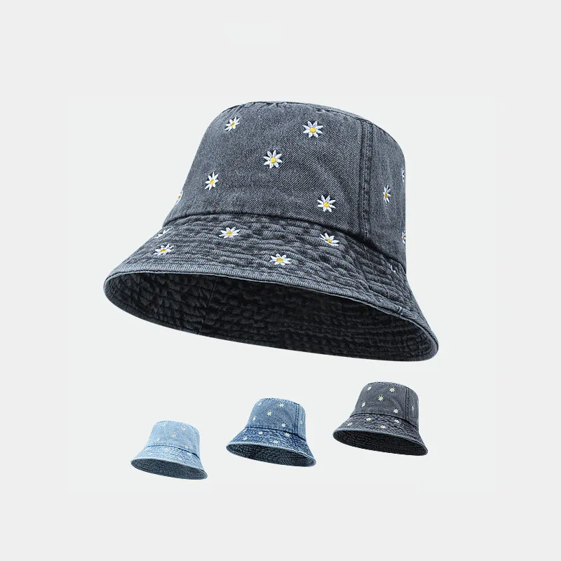 

Vintage Washed Denim Bucket Hat Flower Embroidery Foldable Fishing Fisherman Hat Outdoor Travel Beach Sun Hats For Women Men