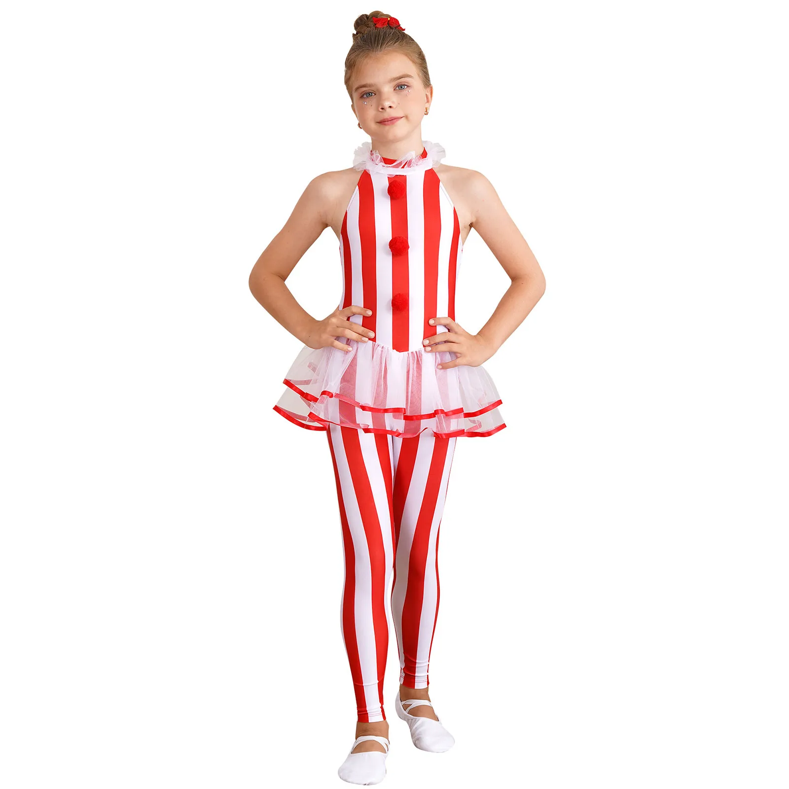 

Kids Girls Candy Cane Christmas Dance Bodysuit Halter Neck Sleeveless Stripes Jumpsuit Unitard Xmas Santa Claus Circus Costumes