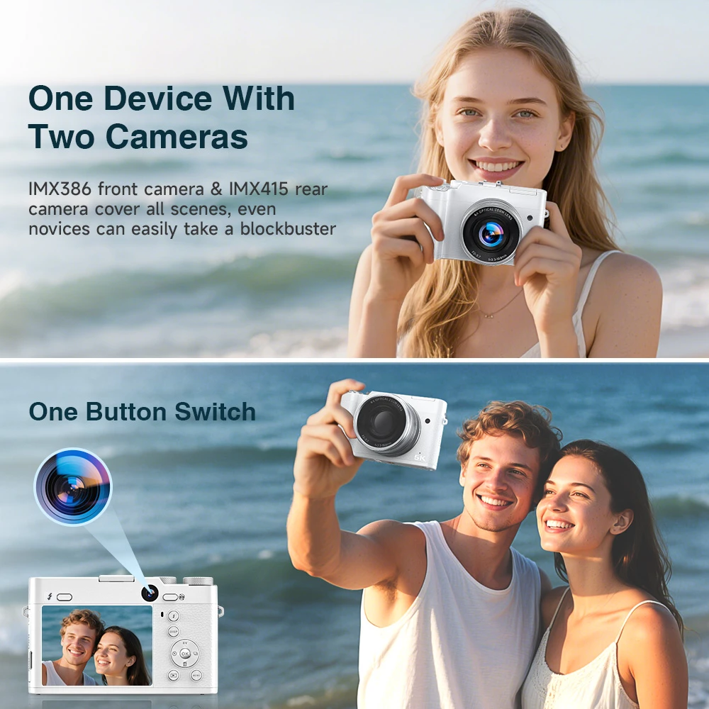 كاميرا رقمية واي فاي 5K 64MP، زووم بصري 6X، كاميرا تسجيل فيديو 30FPS، كاميرات خلفية وأمامية للتصوير الفوتوغرافي والفيديو، بطاقة 64 جيجابايت