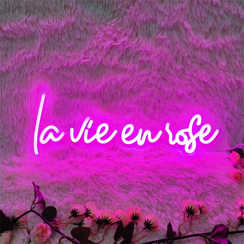 La Vie En Rose Neon Sign LED Light Wall Hanging Acrylic Room Decor Neon Sign Light for Bedroom Aesthetic Decoration Girls Gifts