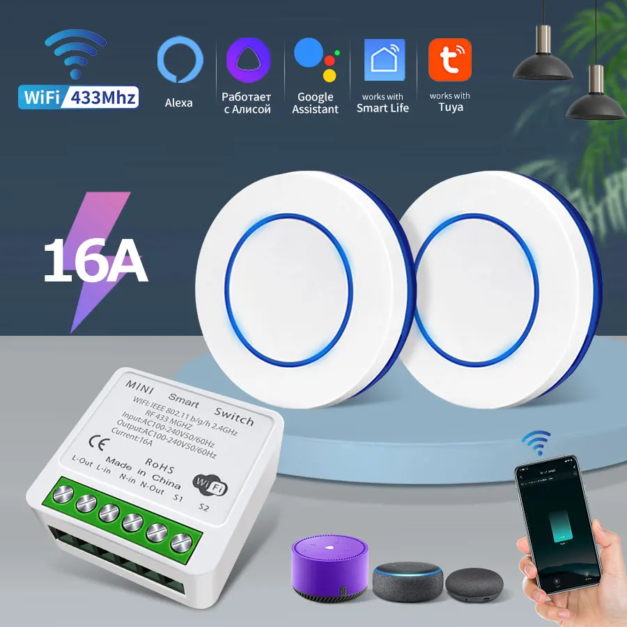 Tuya Wifi Smart Switch RF 433MHz Wireless Light Switch16A Relay Control Mini Round Button Switch Support Alexa Google Home Alice