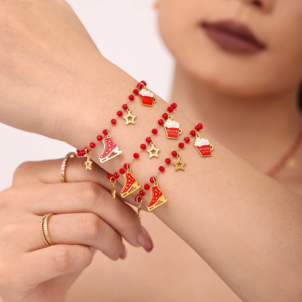 Star Beer Schlittschuh-Halsketten, Armbänder für Damen, 316L Edelstahl-Gliederkette, rote Granatperlen, Weihnachtsschmuck-Set, Geschenke – Detail 3