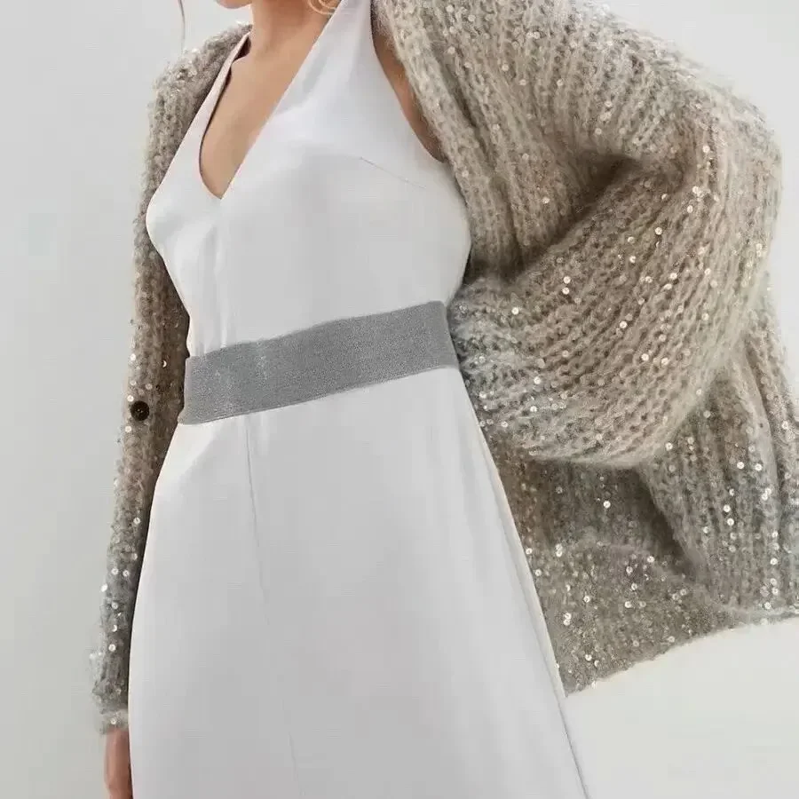 Kardigan z kapturem, dzianinowy, luźny, z przeszyciami, z cekinami, w stylu Maillard, na wiosnę i jesień, damska, zimowa, gruby, ciepły sweter/płaszcz.