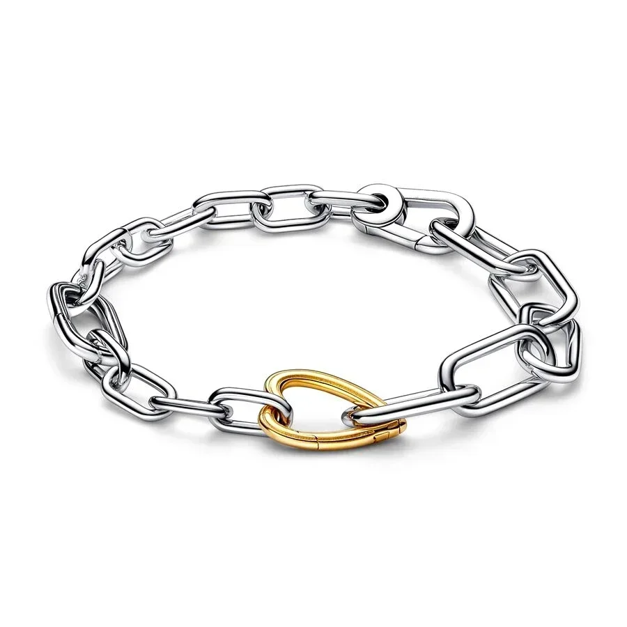 2023 New Original 100% 925 Sterling Silver pretty ME Two-tone Heart Link Chain Bracelet 1:1 Fit Women Gifts