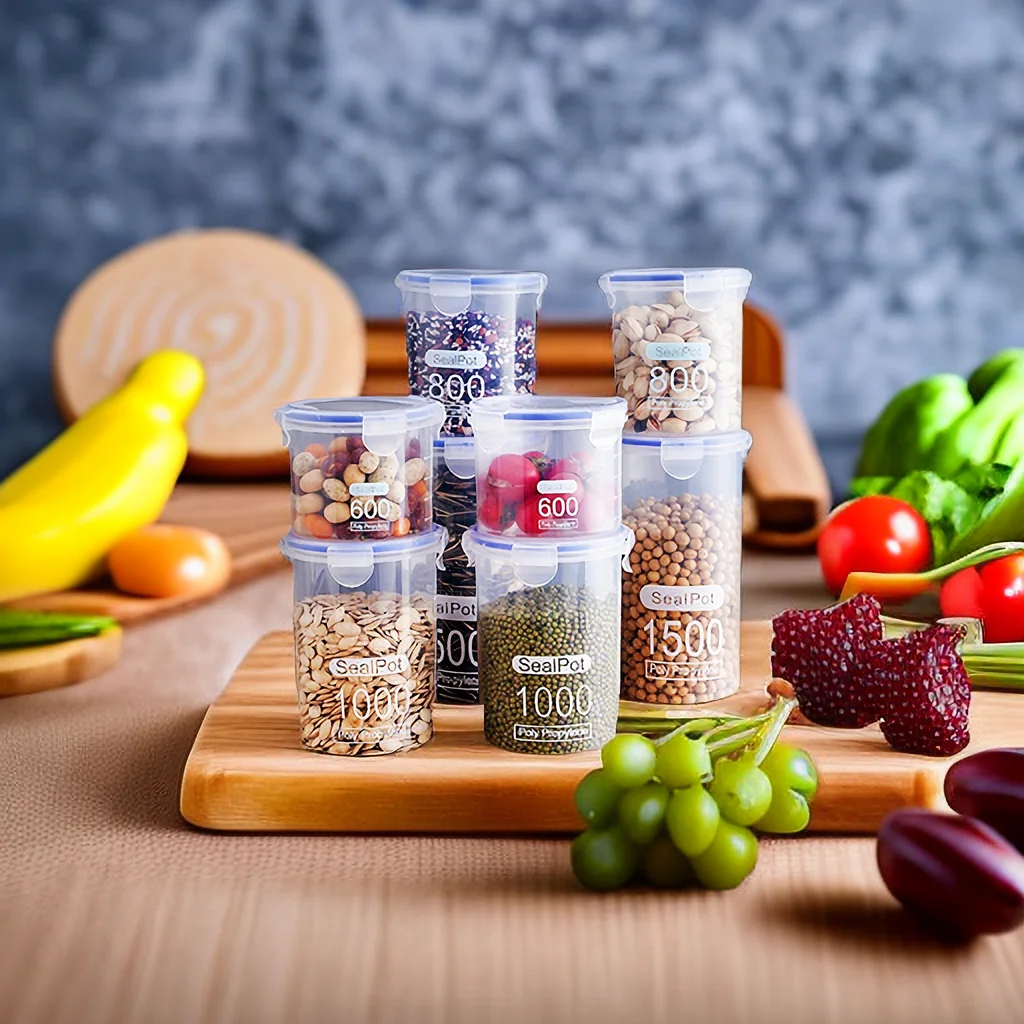 S/M/L/XL Size Transparent Plastic Sealed Food Storage Pots Kitchen Grain Candy Spice Jars Storage Containers For Kitchen
