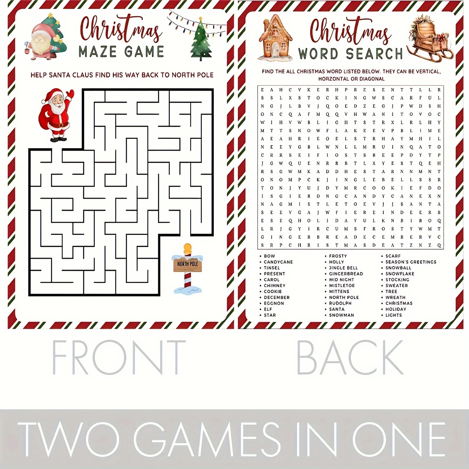 Christmas party game sets - Double-sided word search and maze cards, suitable for family gatherings and classroom fun