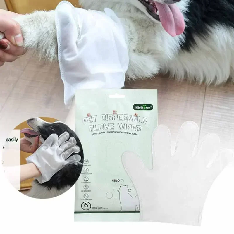 6PCS Cat Dog Disposable Glove Towels Pet Wash Free Glove No Rinse Washing Gloves Towels Deodorizing Dry Cleaning Wet Towels