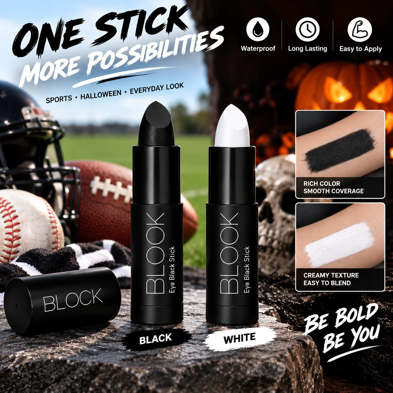 Black/White Face Paint Stick Waterproof Eye Black Stick Long Lasting Body Lip Painting Makeup for Football Baseball Softball
