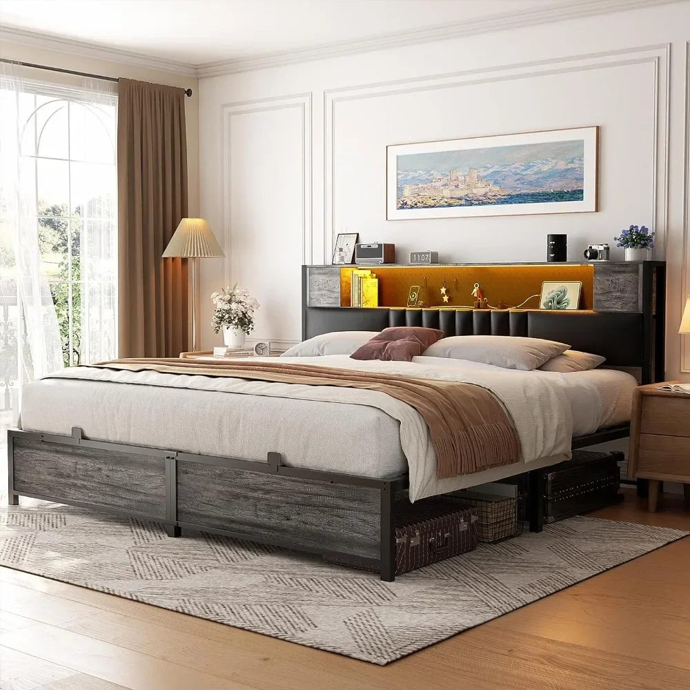 Bed Frame with LED Light & Power Outlets,Platform Bed with Upholstered Headboard and Storage,Sturdy Metal Slats Bed Frames