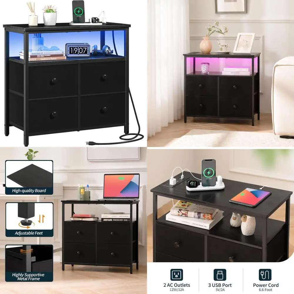 

Night Stand with Charge Station, Nightstand with 4 Drawers Bedside Table, LED Dresser with Storage Shelf, Night Stands for Bedro