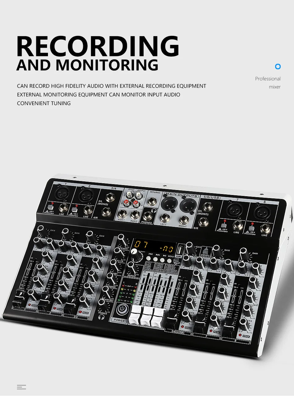 GPUB KP8 Mixer Audio 8 Saluran 16 Efek Reverb Digital Konsol Pencampur Equalizer Tiga Band dengan USB + Daya Phantom 48V