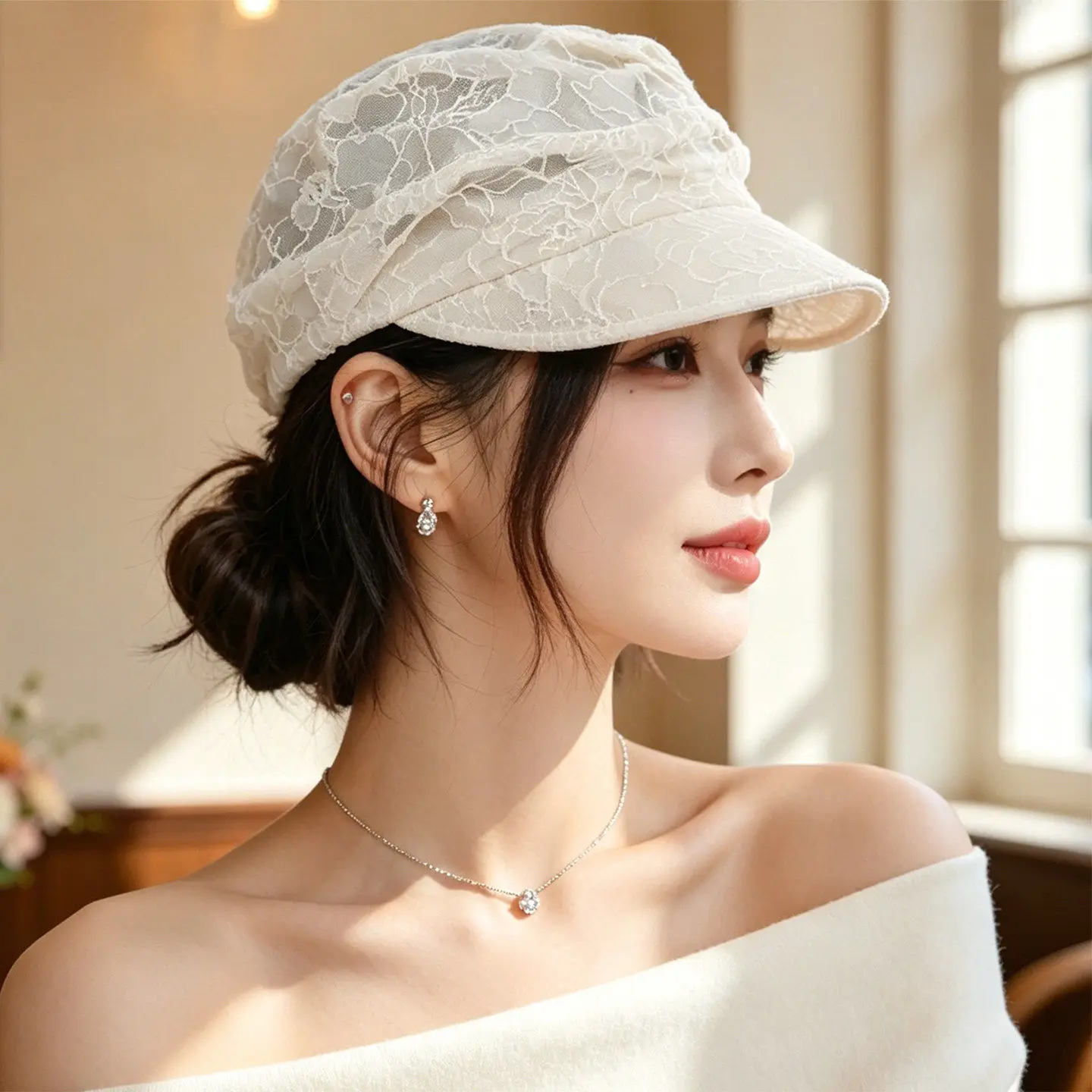 Lace Women's Summer New Breathable Wide Brim Hat Face Slimming Sun Protection Hat Octagonal Hat Casual Style Non-Folding Cap