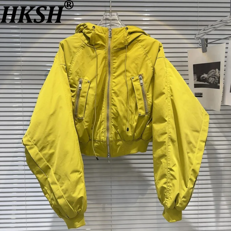 

HKSH Winter New Women's Cotton-padded Coat Hooded Zipper Pockets Batwing Sleeve Y2K American Retro Ins Short Warm Jacket HK15394