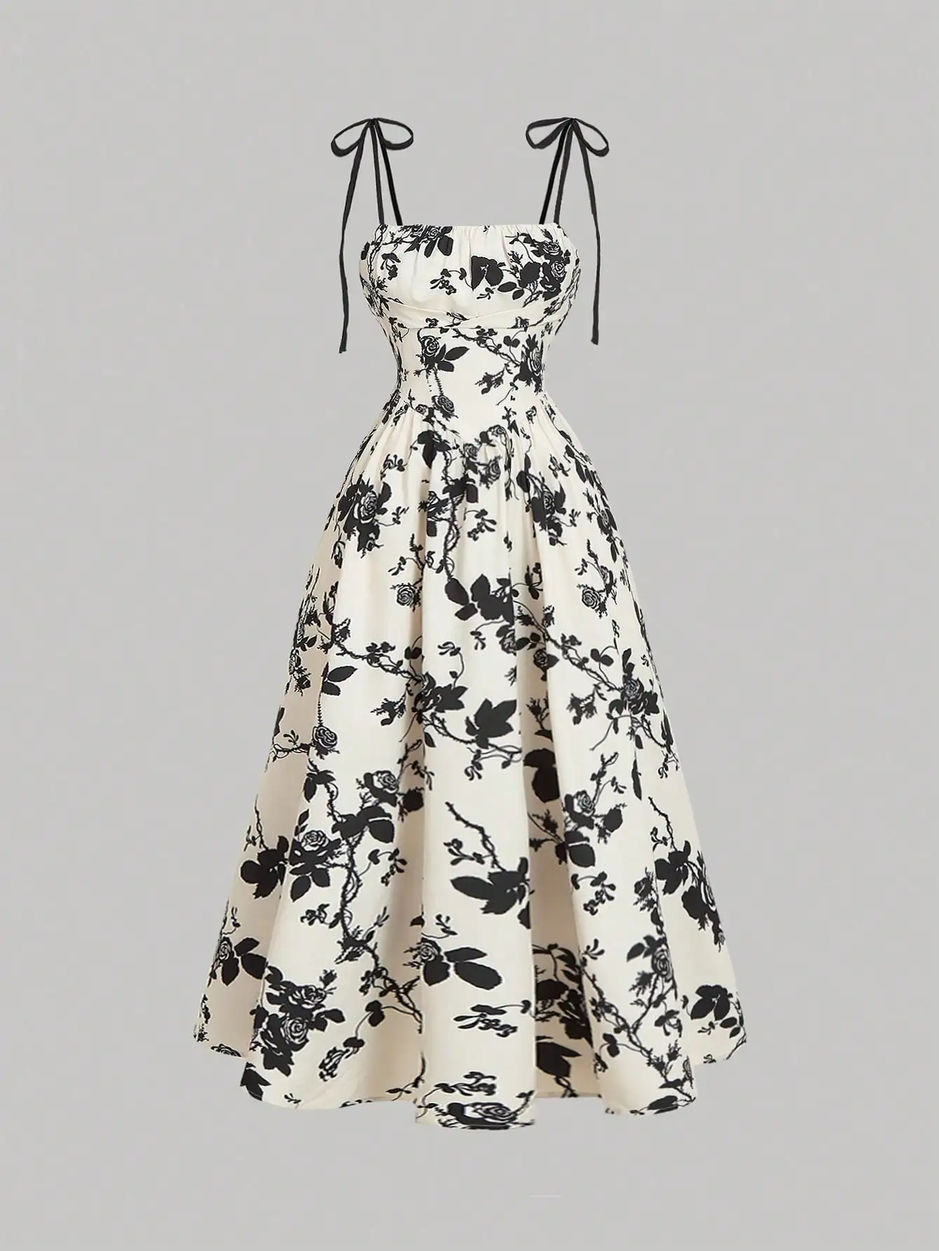 

Black Floral Silhouette Print Strapless A-Line Dress for Spring Summer