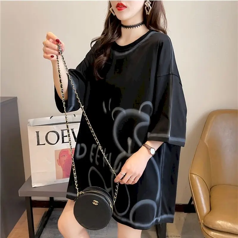 Casual Large Size T Shirt Women Loose Short-sleeved T-shirt Summer New Loose All-match Mid-length Top Womens Kawaii Clothes 2024