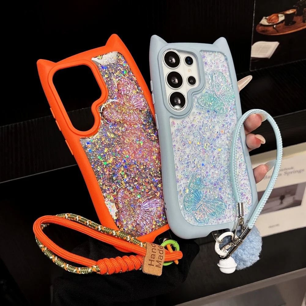 Butterfly Clear Bling Shiny Sequins Cartoon 3D Cat Ear Phone Case For Samsung Galaxy S26 Ultra S26 Plus S26 Shockproof Cover