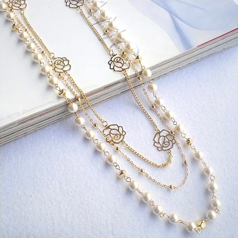 Long Simulated Pearl Necklace For Women Camellia Double Layer Pendant Sweater Chain Party Necklace