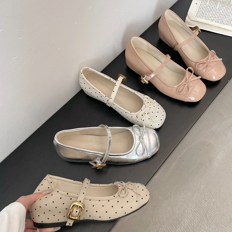 2026 New Mary Jane Shoes for Women Fashion Polka Dot Butterfly-knot Pumps Square Toe Ankle Strap Casual Ballet Shoes