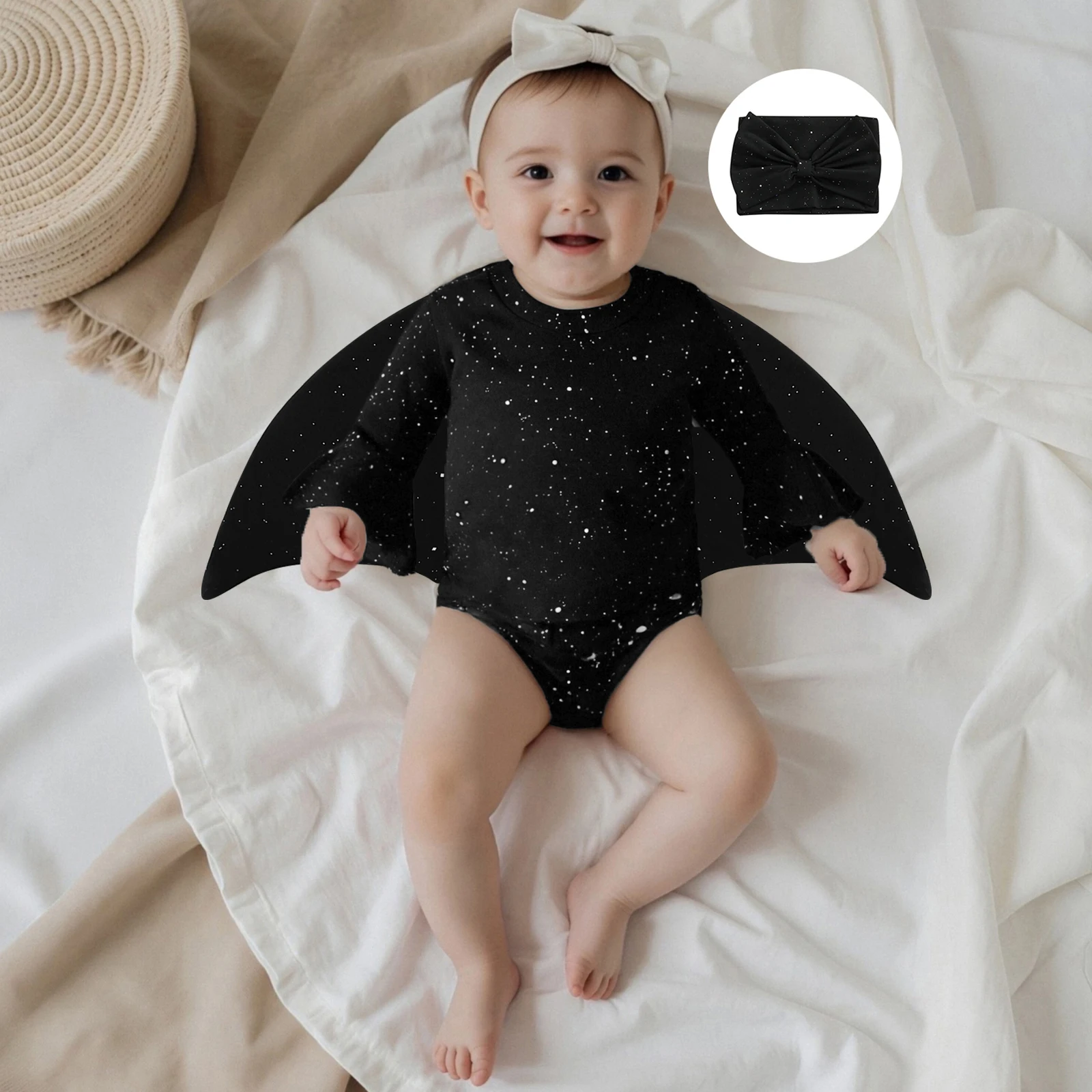Toddler Baby Girl Bat Costumes Glitter Batwing Long Sleeve Romper with Bow Headband 2 Piece Halloween Cosplay Party Outfits