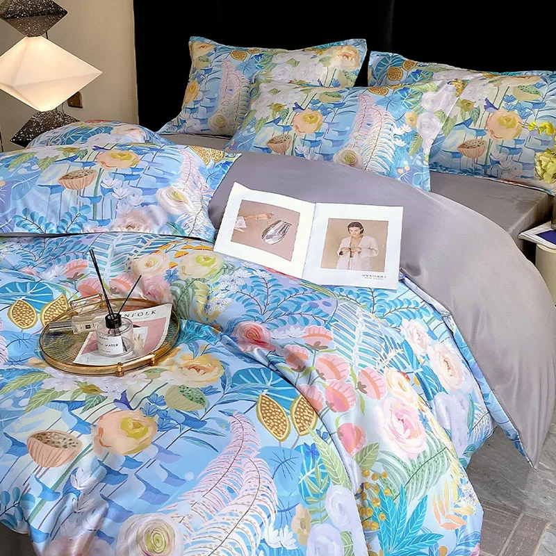 

Summer Ice Silk Printed Bedding Sets Washed Duvet Covers Pillowcases and Bed Sheet with Lace Cooling Quilt Set for Single Double