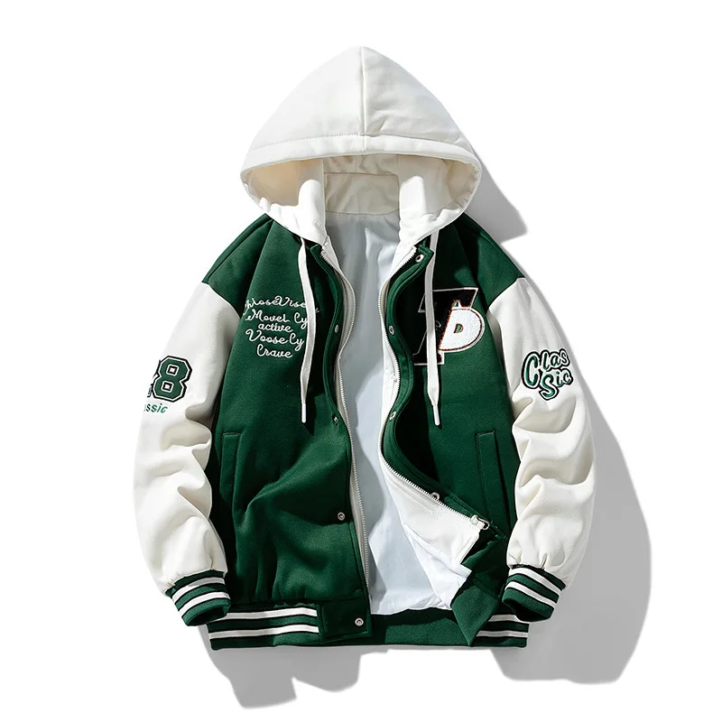 Casual Embroidery Mens Trendy Fake Two-Piece Hooded Bread Suit Couple Padded Jackets And Coats Hip Hop Hooded Baseball Uniform